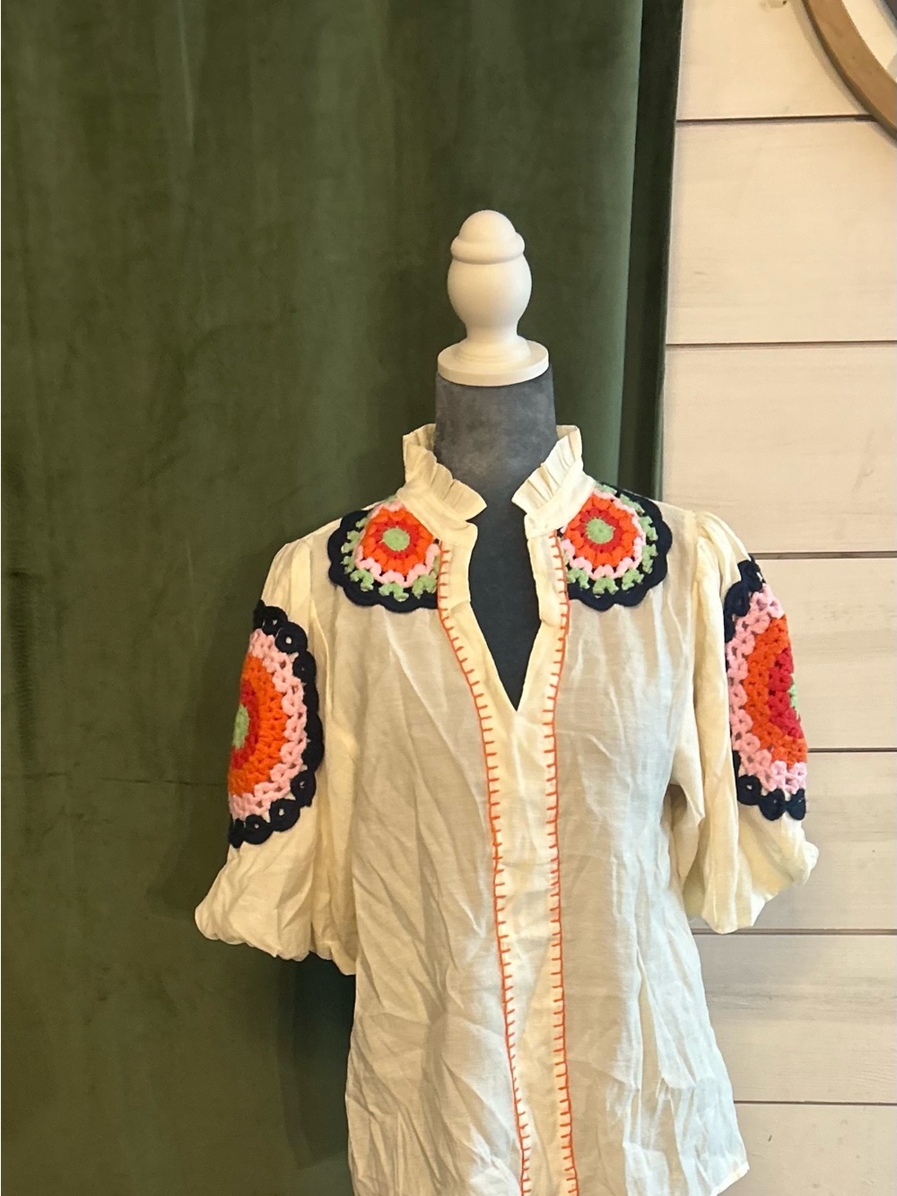 THML Cream Blouse with Colorful Crochet Medallions
